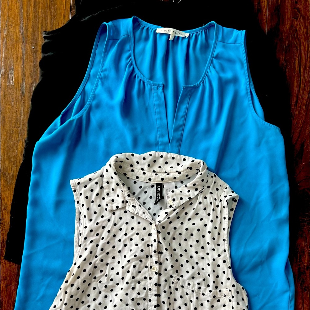 3 tank top bundle 1 white with polka dots H&M size 10, 1 blue & one black large